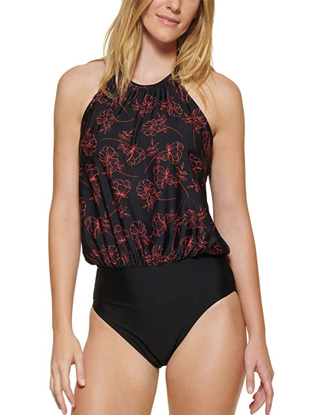 Image for Women's Halter Neck Floral Printed Blouson One Piece,Black