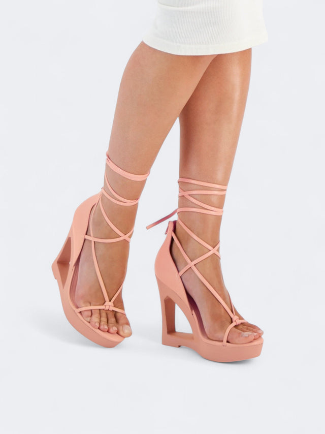 Image for Women's Plain Lace up Architectural Wedge Sandals,Peach