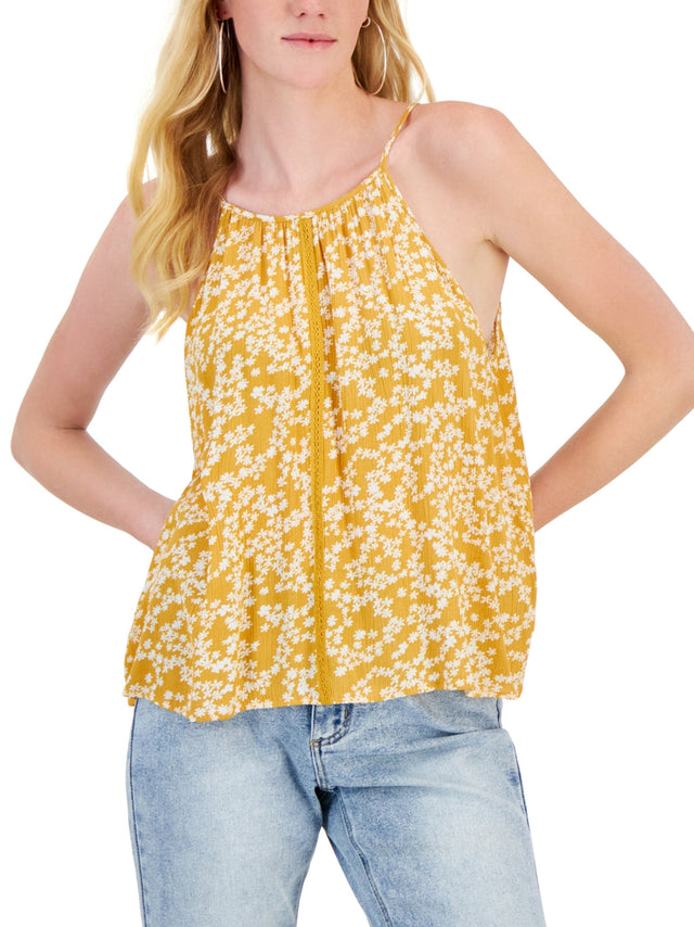 Image for Women's Crochet Floral Printed Trim Tank Top,Yellow
