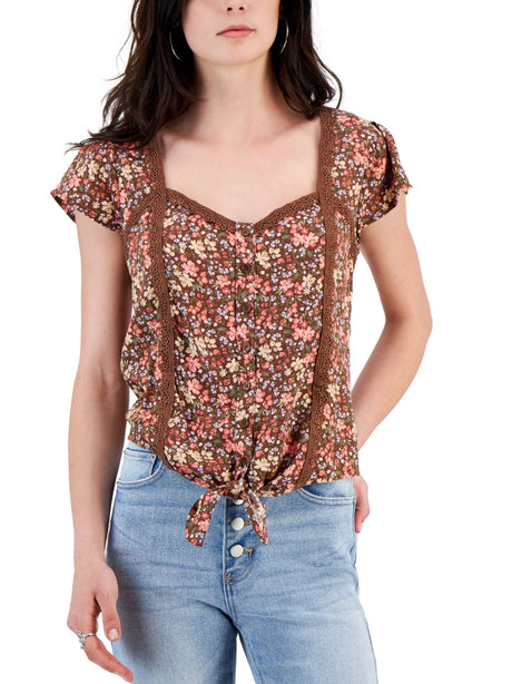 Image for Women's Floral Printed Crochet Trim Tie Front Top,Multi