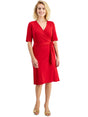 Image for Women's Elbow Sleeve Waist Wrap Belt Side Tie Plain Dress,Red
