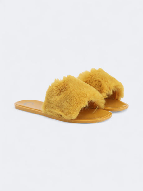 Image for Women's Plain Faux Fur Dusk Slide Slippers,Yellow