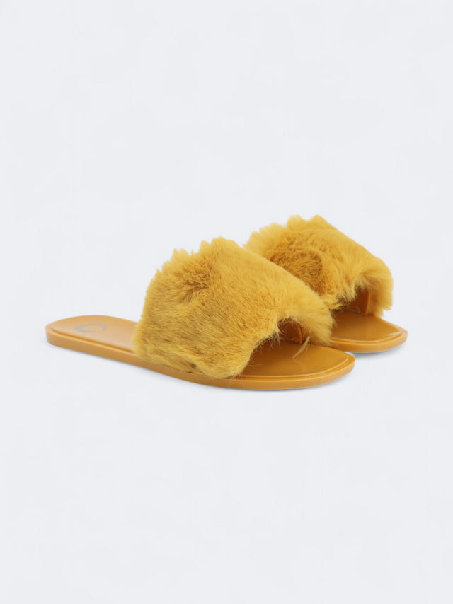 Image for Women's Plain Faux Fur Dusk Slide Slippers,Yellow