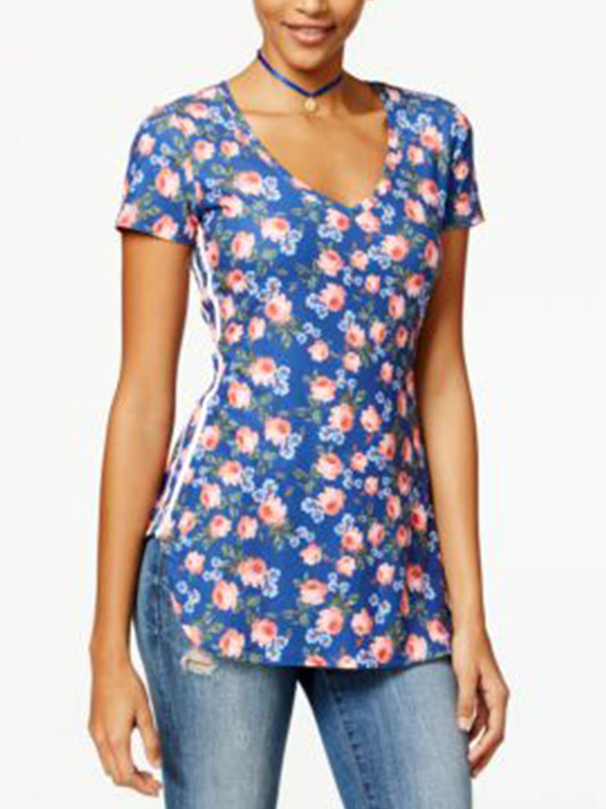 Image for Women's Floral Printed Side Stripe Tunic T-shirt,Blue
