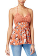 Image for Women's Floral Printed Crochet Babydoll Halter Top,Brick