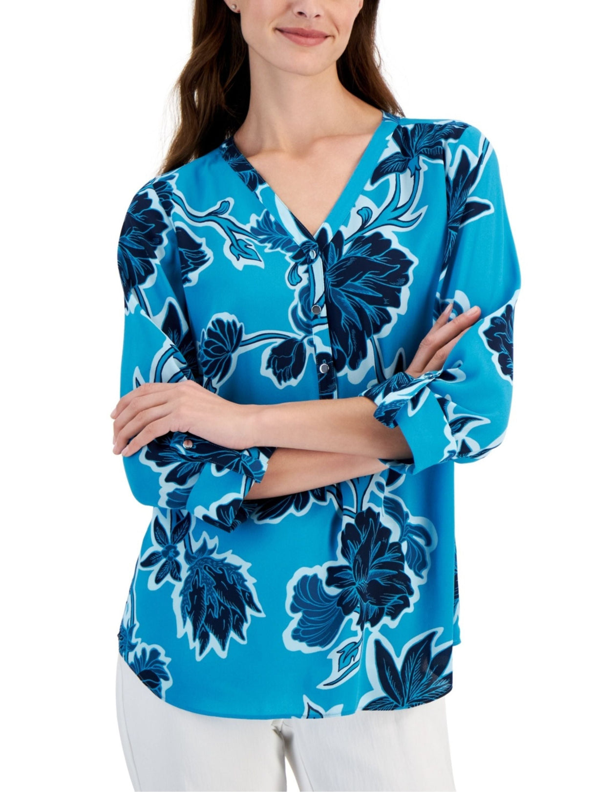 Image for Women's Floral Printed Petite Felicia Roll-Tab Blouse Shirt,Blue