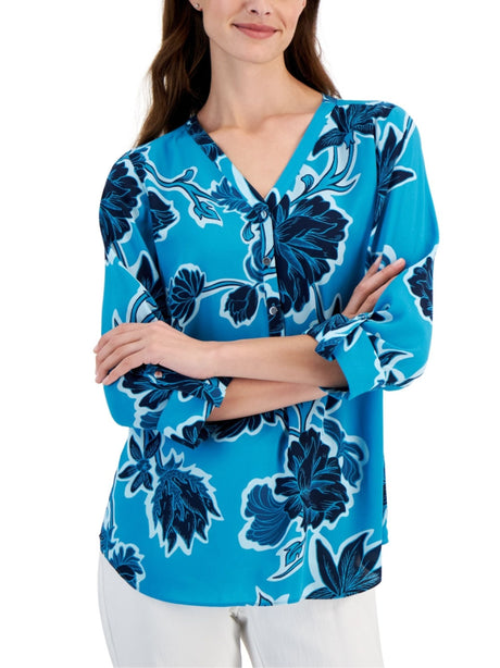 Image for Women's Floral Printed Petite Felicia Roll-Tab Blouse Shirt,Blue