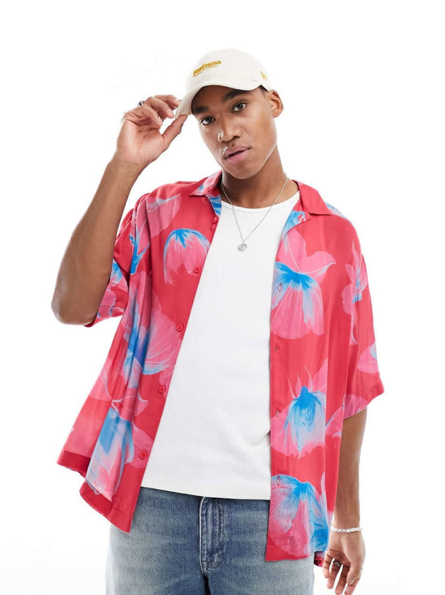 Image for Men's Floral Printed Boxy Shirt,Pink