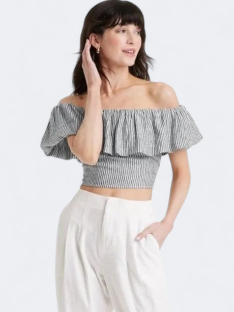 Image for Women's Striped Ruffle Sleeve Off the Shoulder Linen Shirt,Black/White
