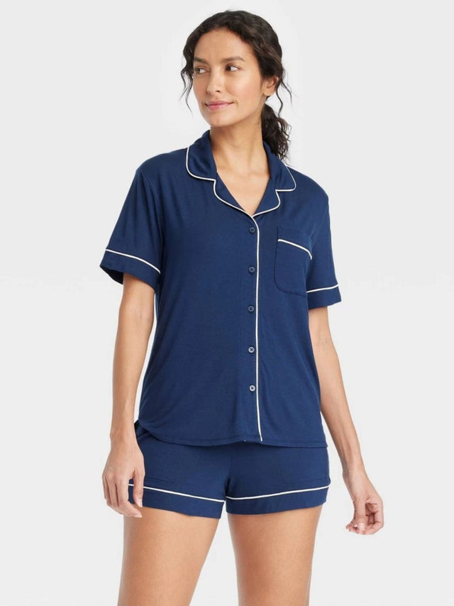 Image for Women's Cloud Knit Short Sleeve Notch Collar Top,Navy