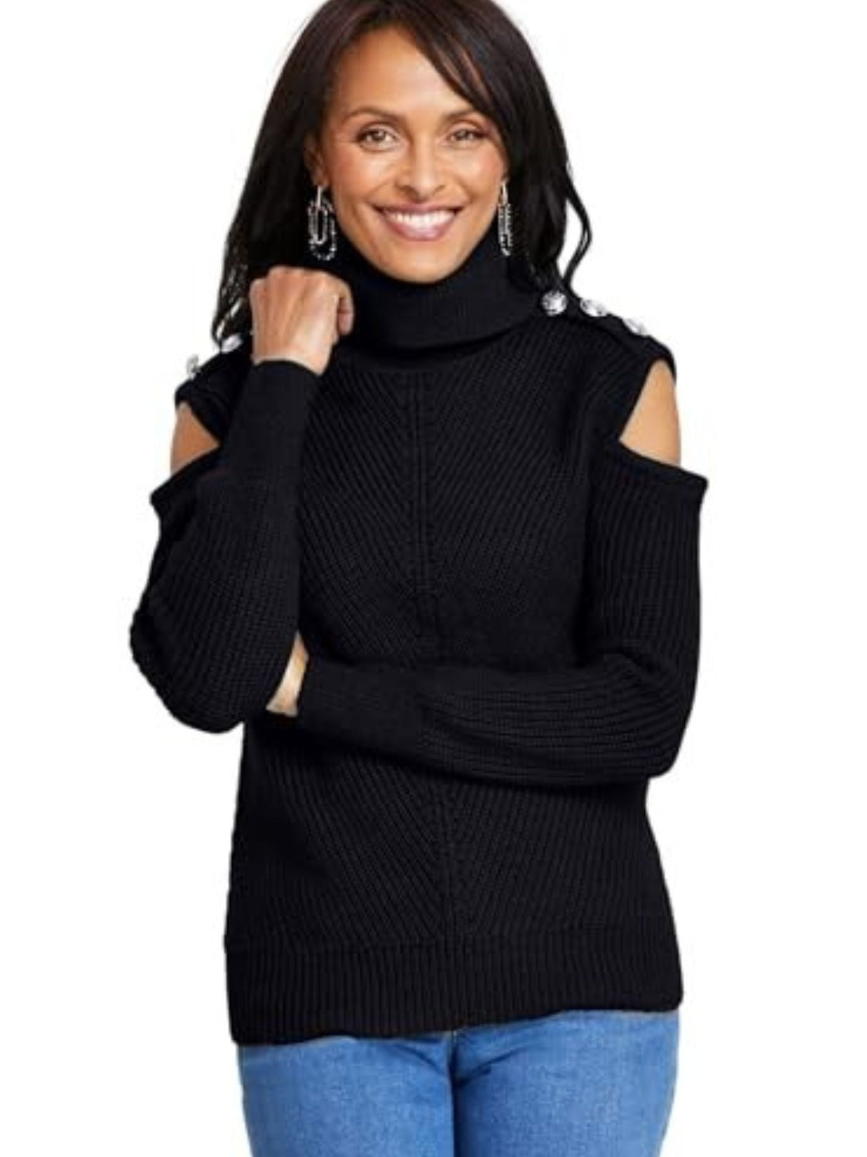 Women's Knitted Cold Shoulder Plain Sweater,Black