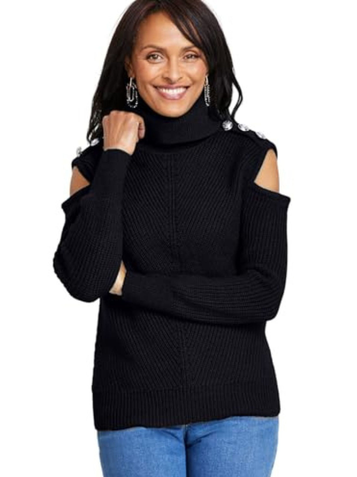 Women's Knitted Cold Shoulder Sweaters,Black