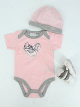 Kids Girl's 3 Pcs Graphic Printed Shoes Hat & Bodysuit Set,White/Pink