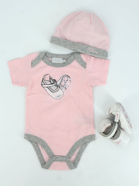 Kids Girl's 3 Pcs Graphic Printed Shoes Hat & Bodysuit Set,White/Pink
