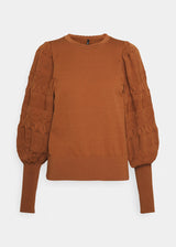 Women's Puffed Sleeves Textured Sweater,Brown